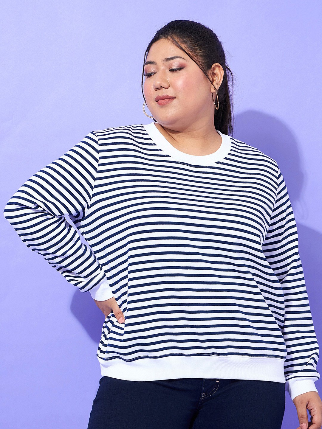 

SASSAFRAS Curve Plus Size Navy Blue & White Striped Pure Cotton Pullover Sweater