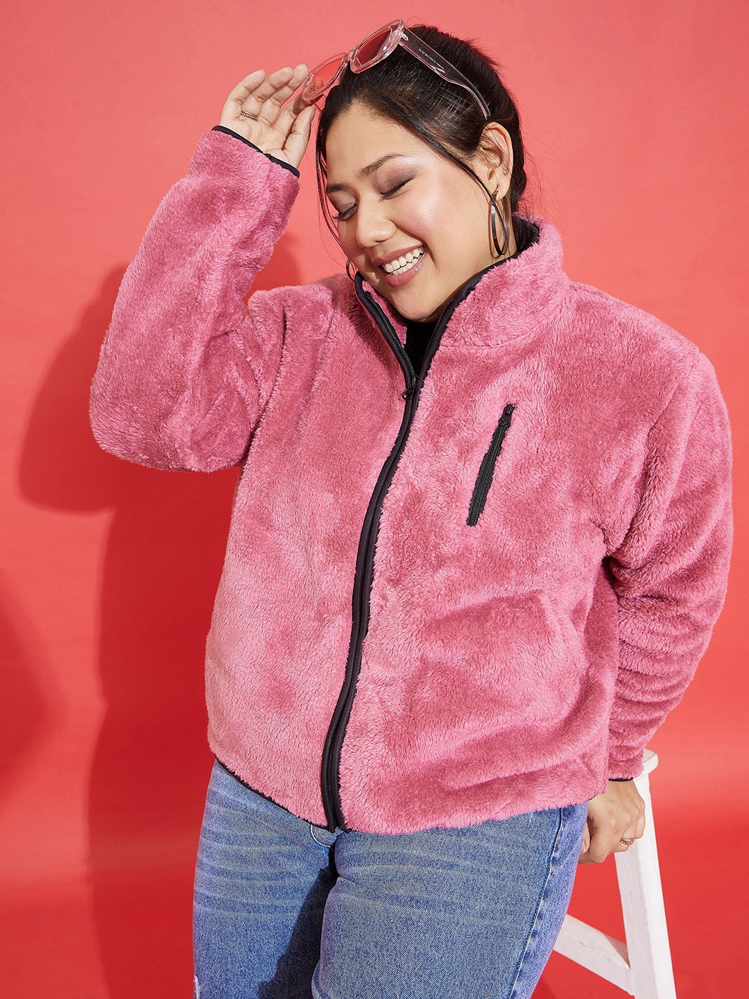 

SASSAFRAS Curve Stand Collar Bomber Jacket, Pink