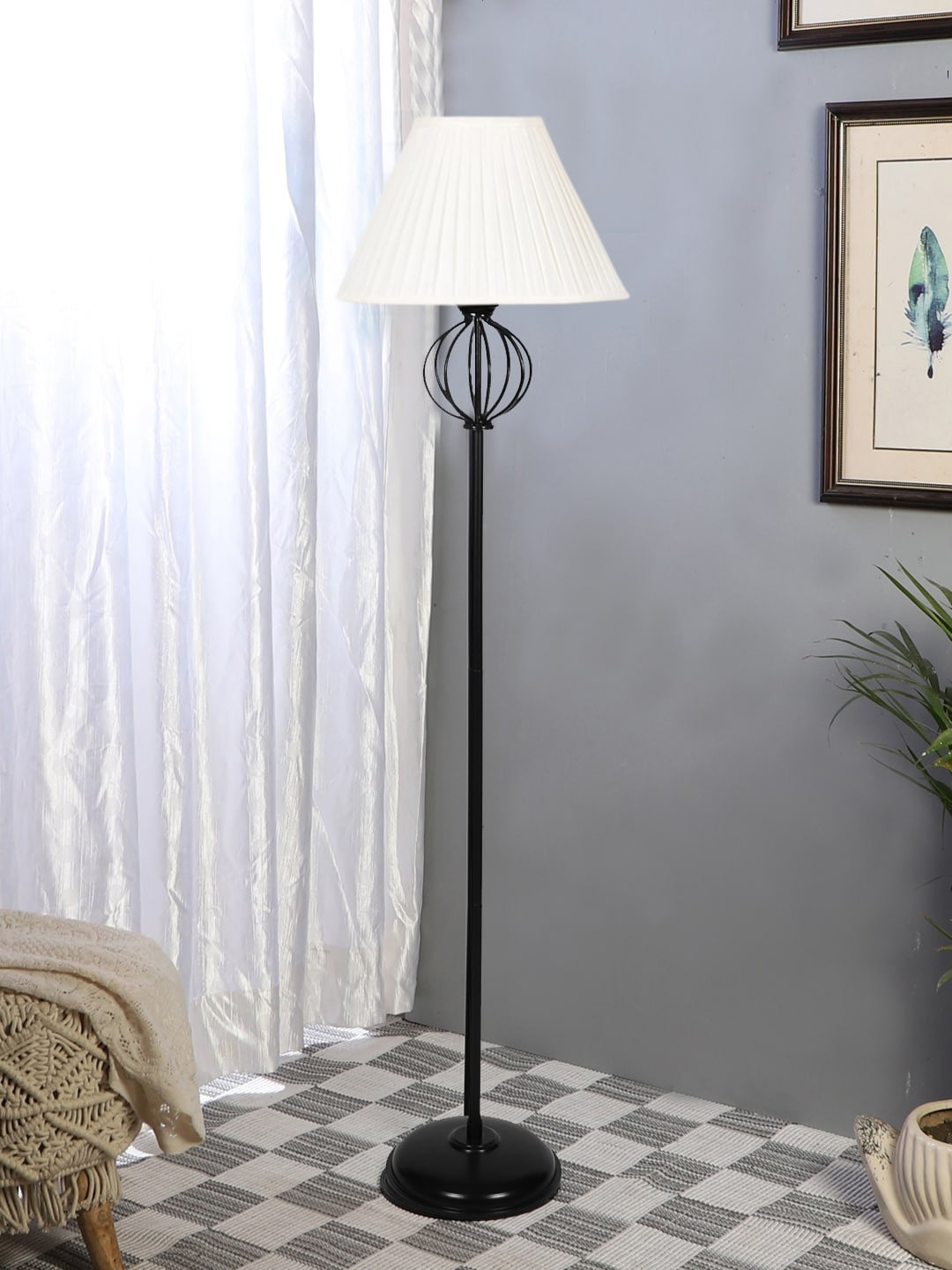 

Devansh White & Black Frustum Shaped Cotton Straight Pleated Shade with Iron Floor Lamp