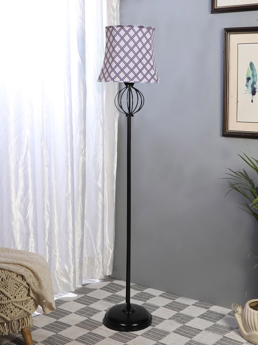 

Devansh White & Blue Printed Cotton Iron Floor Lamp