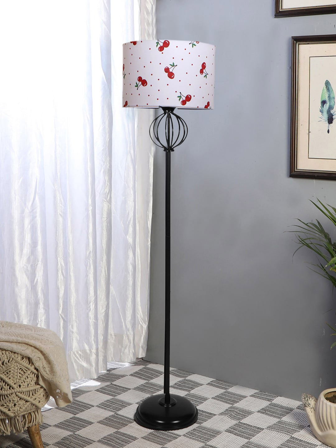 

Devansh White & Red Printed Cotton Drum Iron Floor Lamp