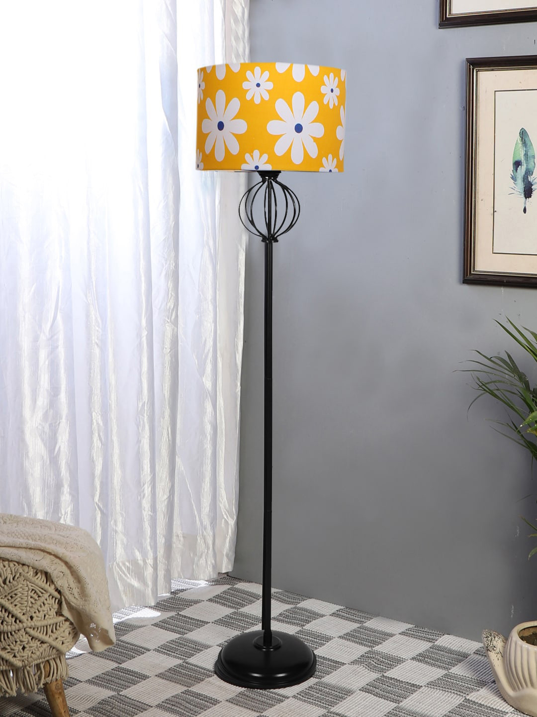 

Devansh Yellow & Black Printed Cotton Cylinder Iron Floor Lamp