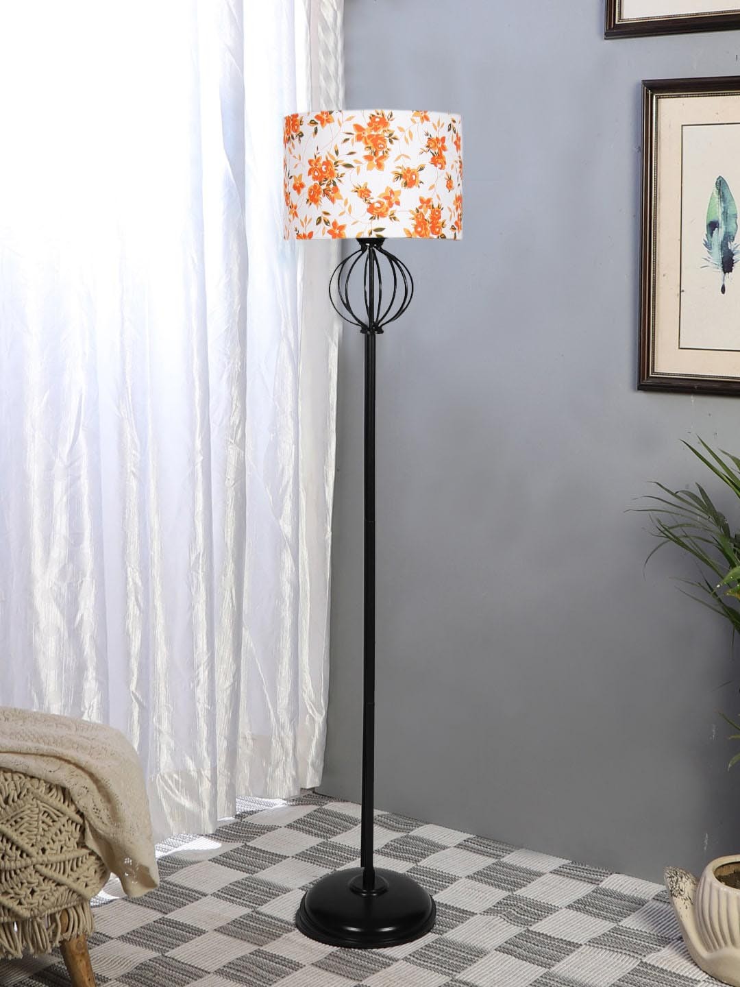 

Devansh White & Orange-Coloured Printed Cotton Cylinder Shaped Iron Floor Lamp