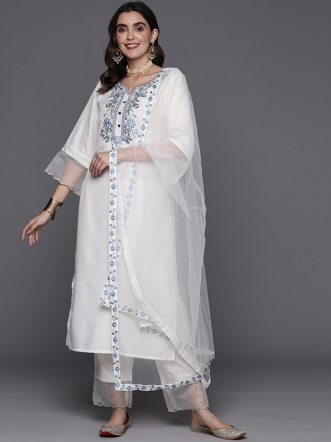 

Growdamy Floral Embroidered Kurta with Trousers & Dupatta, White
