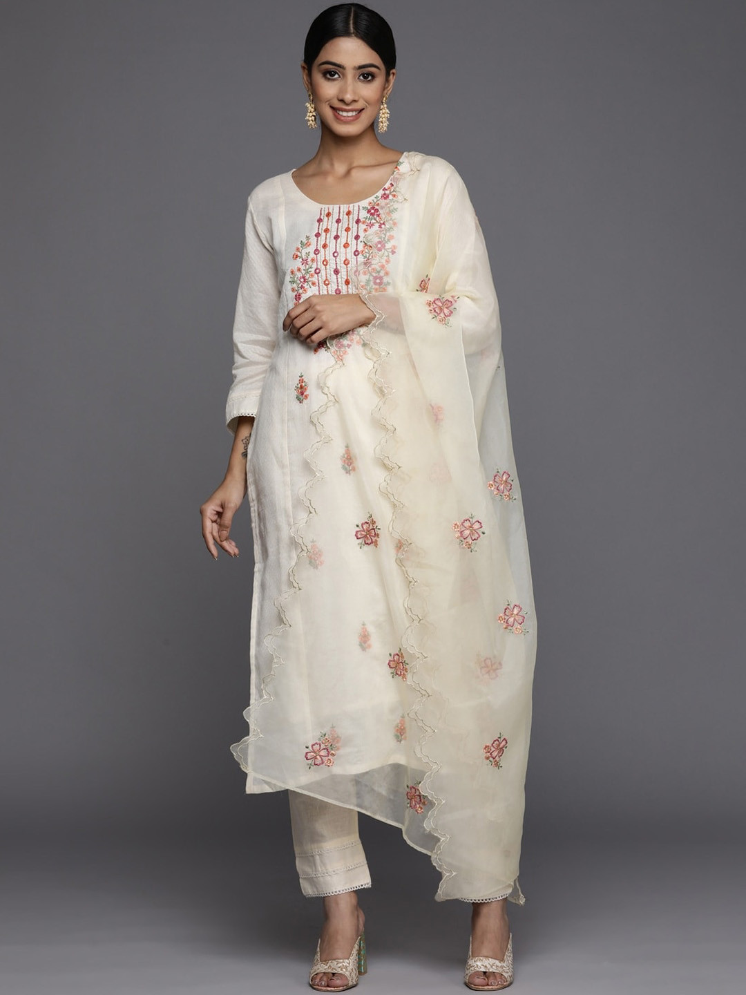 

Growdamy Floral Embroidered Mirror Work Regular Kurta With Trousers & Dupatta, White