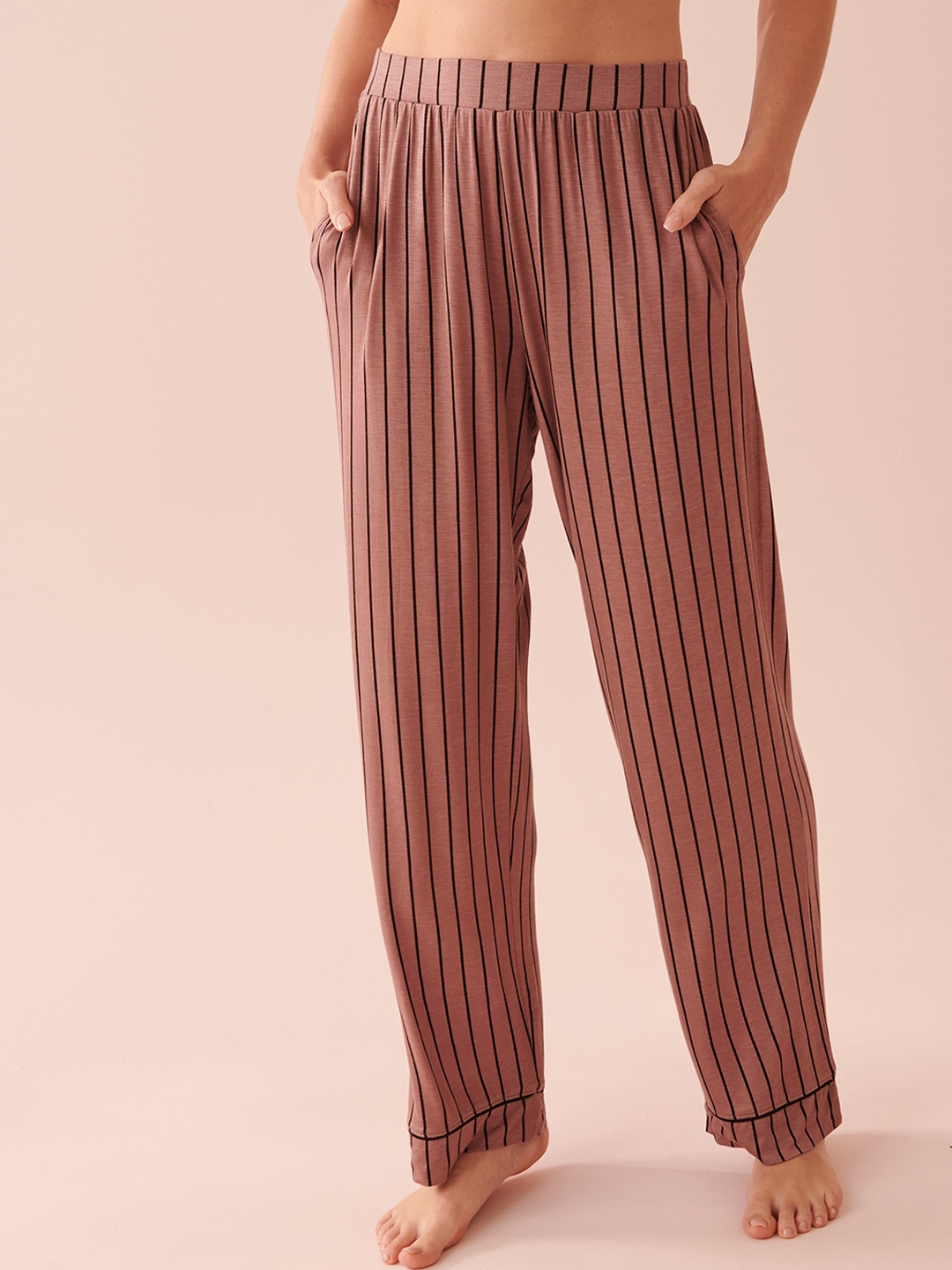 

La Vie en Rose Women Striped Mid-Rise Straight Lounge Pants, Brown