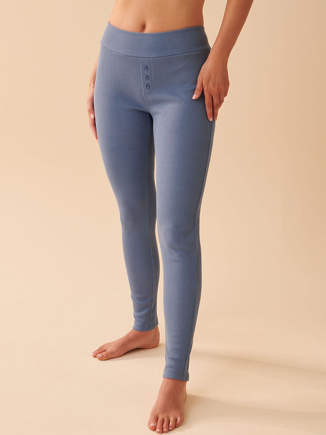 

La Vie en Rose Women Ribbed Mid-Rise Slim Lounge Pants, Blue