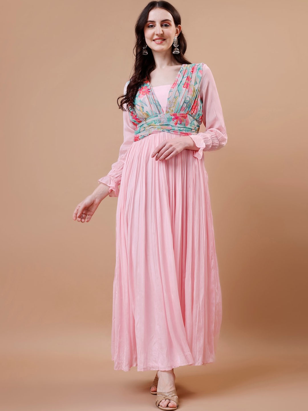 

TWAM SUNDARA Long Sleeves Gathered Flared Maxi Gown Ethnic Dresses, Pink