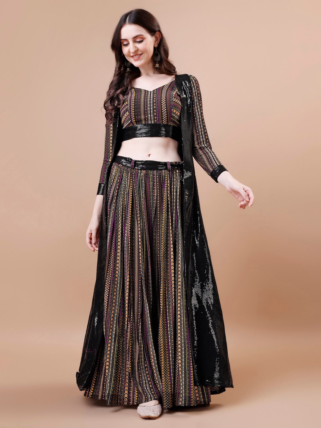 

TWAM SUNDARA Ethnic Motifs Printed Top With Skirt & Shrug, Black