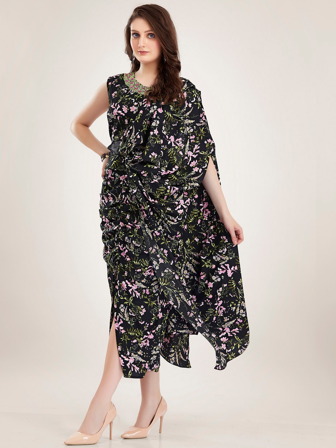 

TWAM SUNDARA Floral Printed A-Line Midi Dress, Black