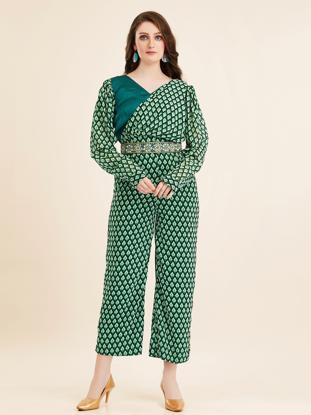 

TWAM SUNDARA Checked V-Neck Cotton Georgette Culotte Jumpsuit With Embroidered, Green