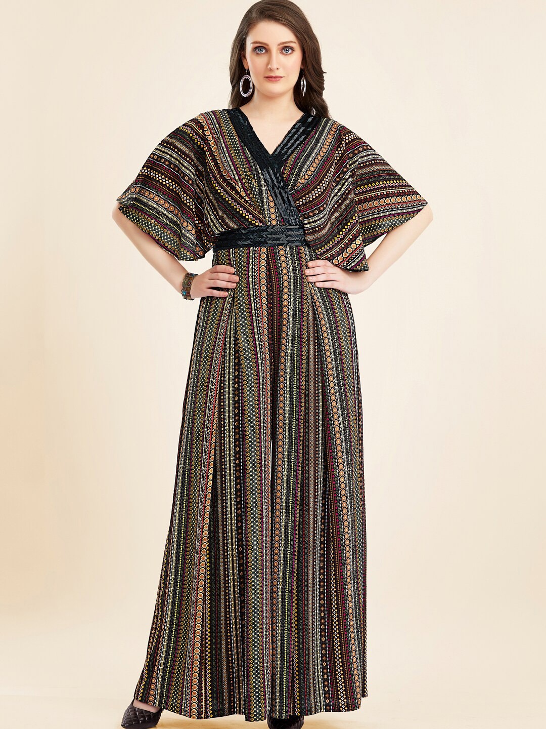 

TWAM SUNDARA Striped V-Neck Culotte Jumpsuit With Embroidered, Black