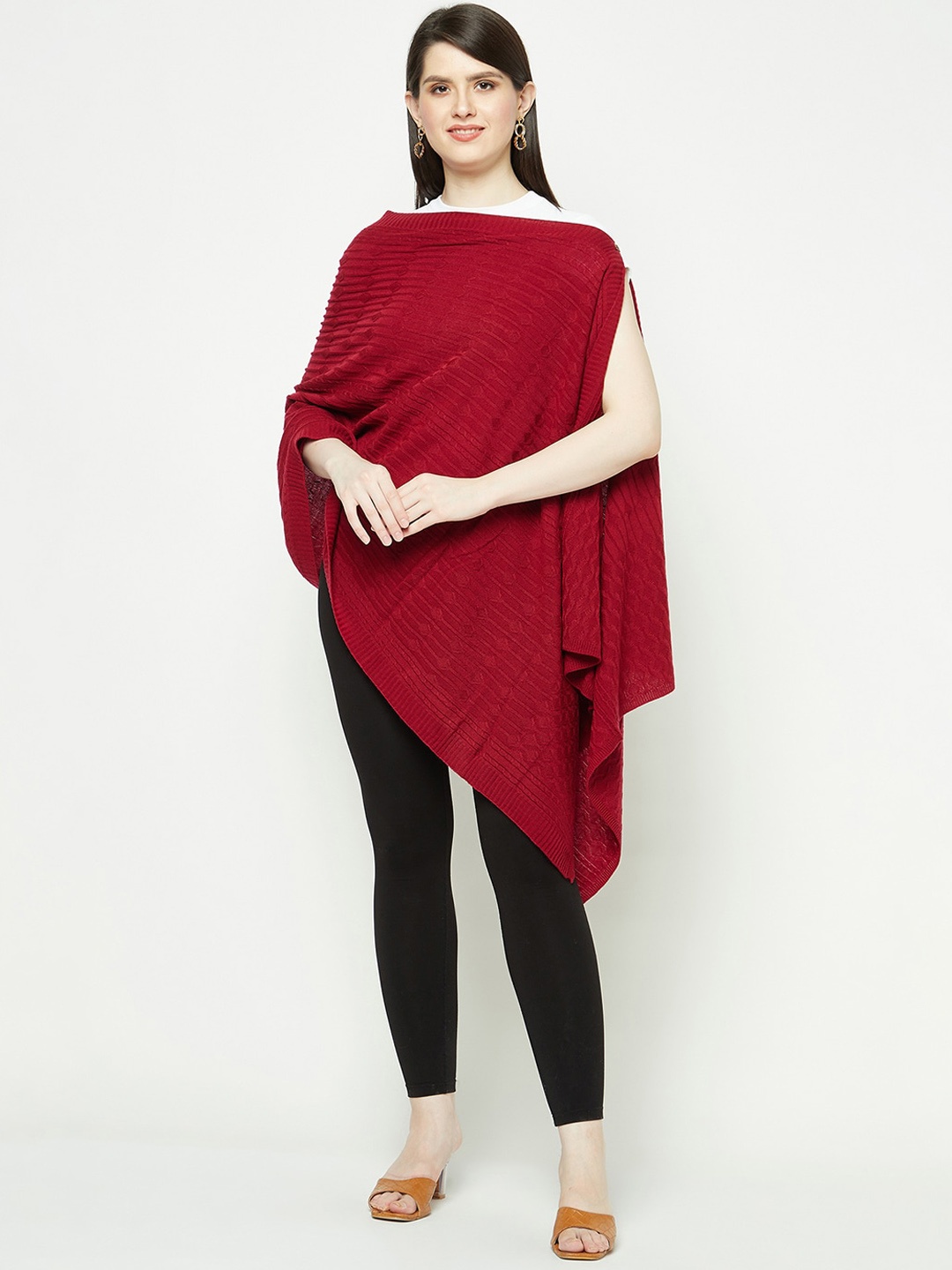 

Knitstudio Geometric Self Design Woollen Acrylic Button Shawl, Maroon