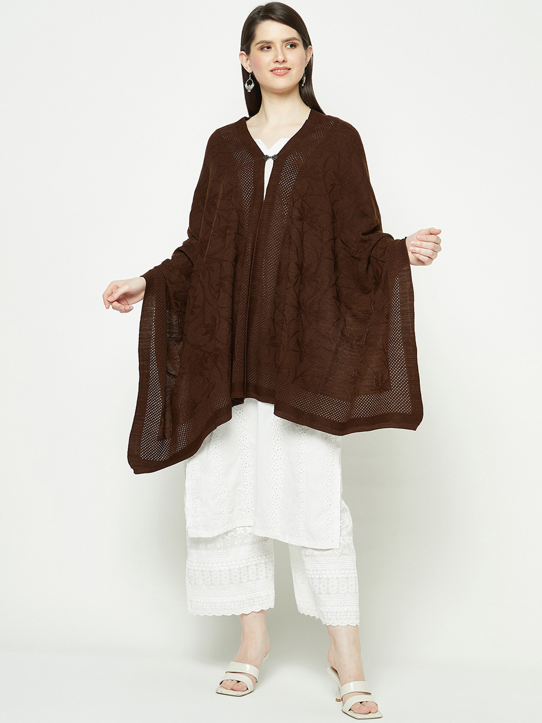 

Knitstudio Women Floral Self-Design Wool Acrylic Shawl, Brown