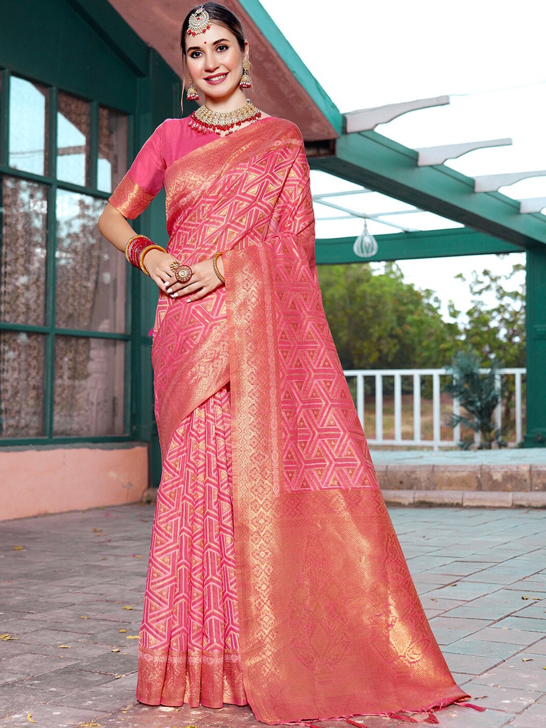 

Anouk Pink Ethnic Motifs Woven Design Dharmavaram Saree