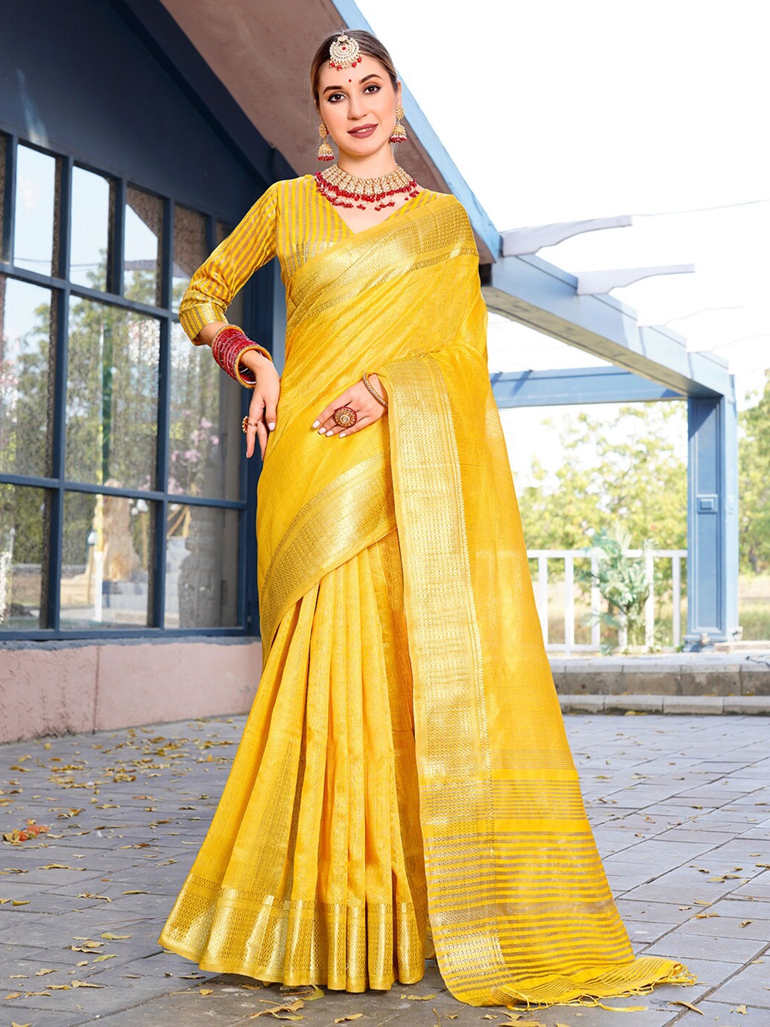 

Anouk Yellow Ethnic Motifs Woven Design Zari Organza Saree