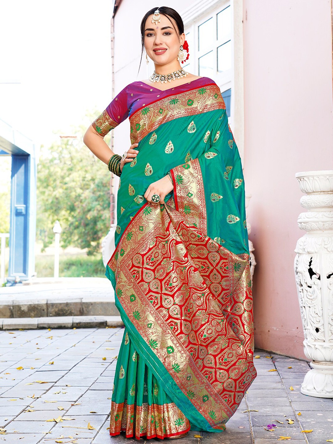

Anouk Green Ethnic Motifs Woven Design Art Silk Banarasi Saree