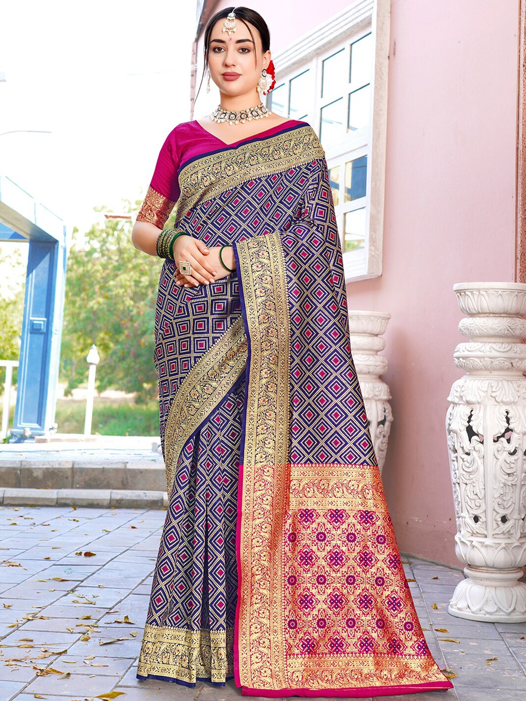 

Anouk Blue & Pink Ethnic Motifs Woven Design Kanjeevaram Saree