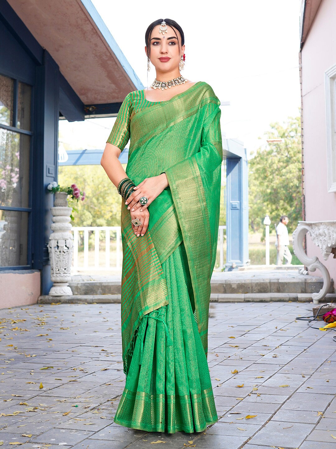 

Anouk Rustic Woven Design Zari Organza Saree, Green