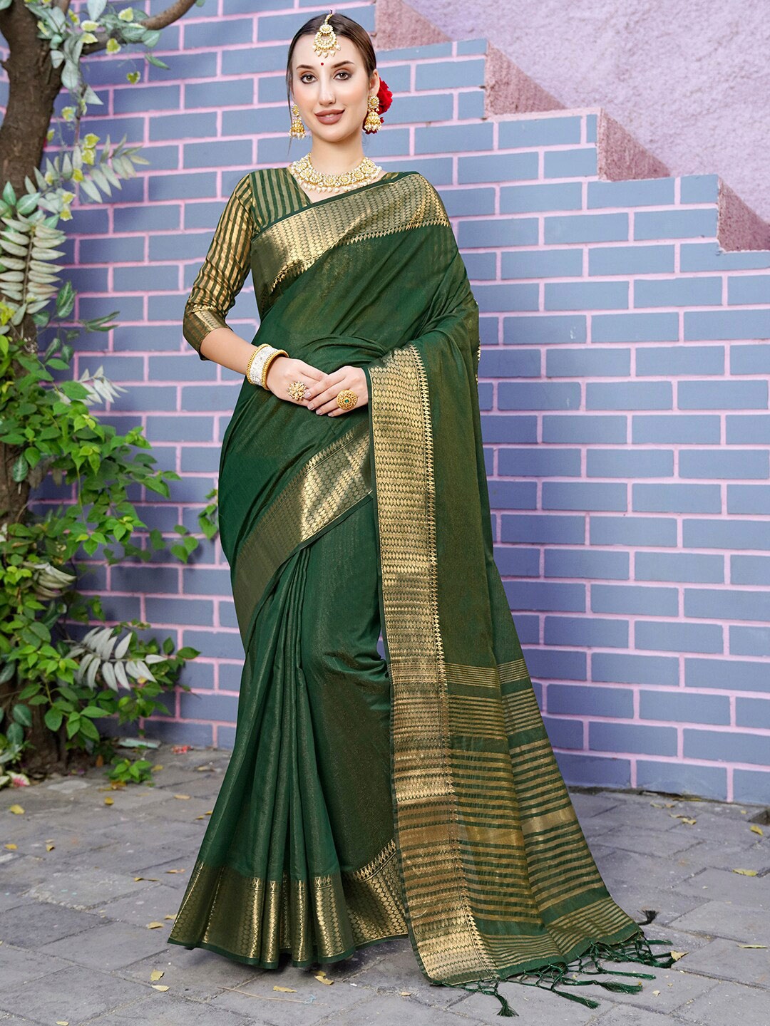 

Anouk Rustic Green Ethnic Motifs Woven Design Organza Saree