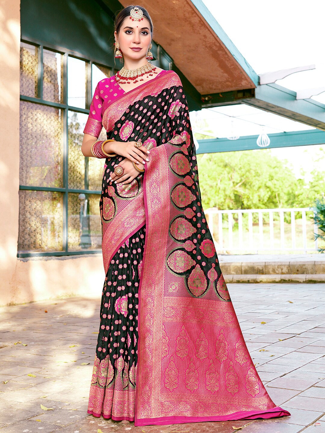 

Anouk Pink & Black Ethnic Motifs Woven Design Organza Saree