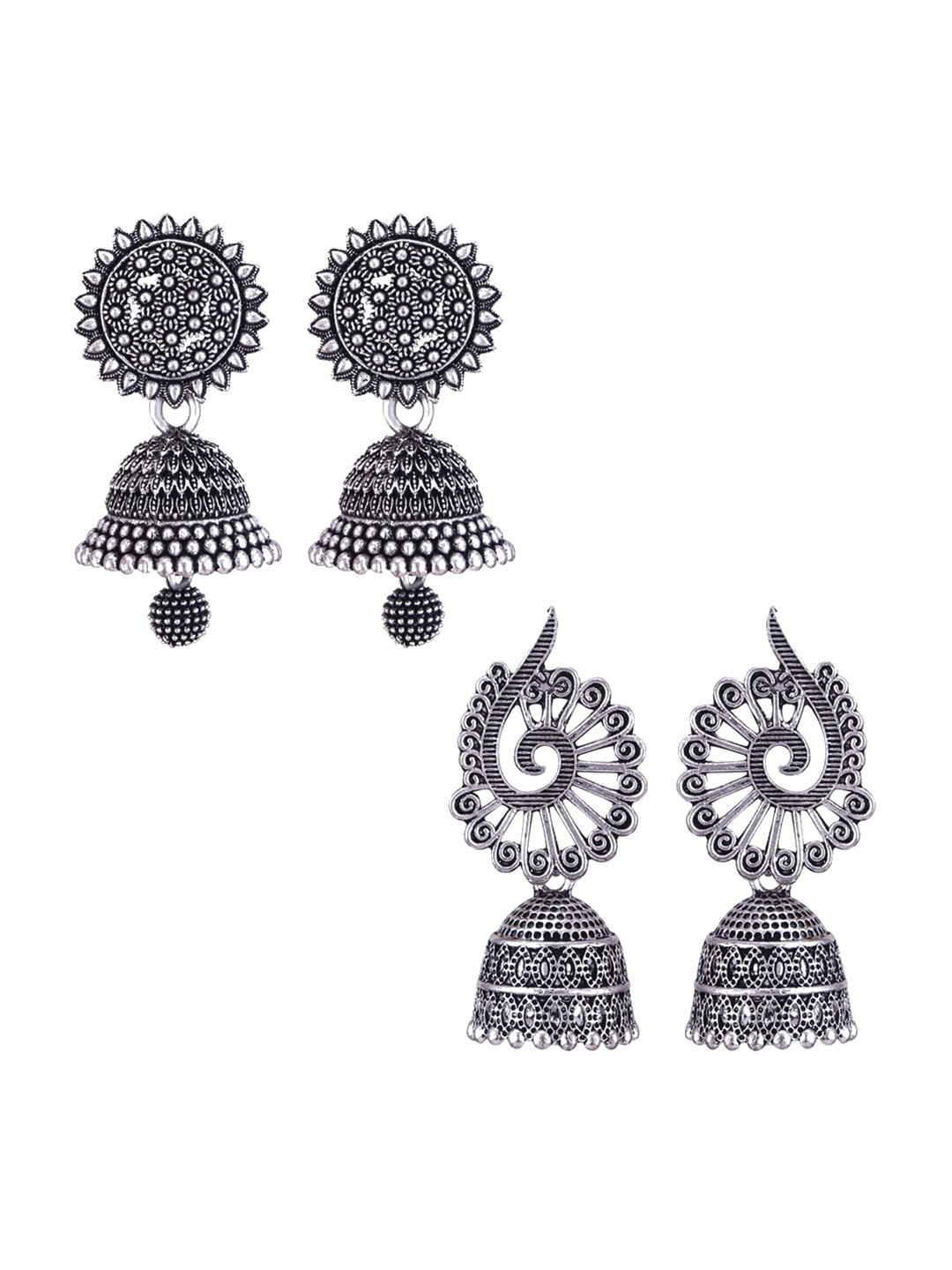 

MEENAZ Set Of 2 Silver-Plated Oxidised Peacock Shaped Jhumkas