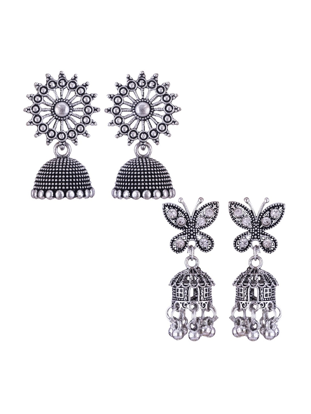 

MEENAZ Set Of 2 Silver-Plated Oxidised Peacock Shaped Jhumkas