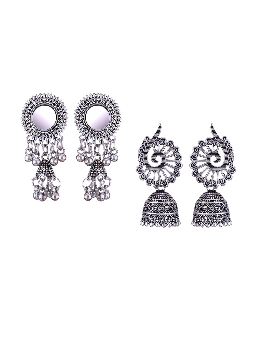 

MEENAZ Set Of 2 Silver-Plated Oxidised Peacock Shaped Jhumkas