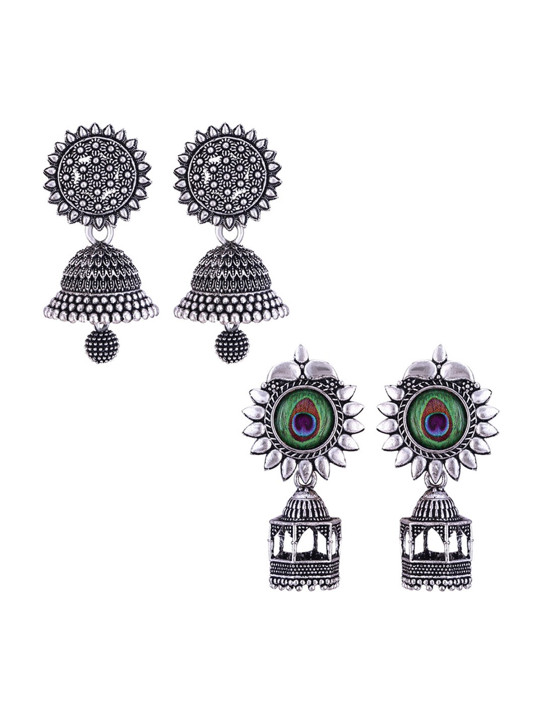 

MEENAZ Set Of 2 Silver-Plated Oxidised Peacock Shaped Jhumkas