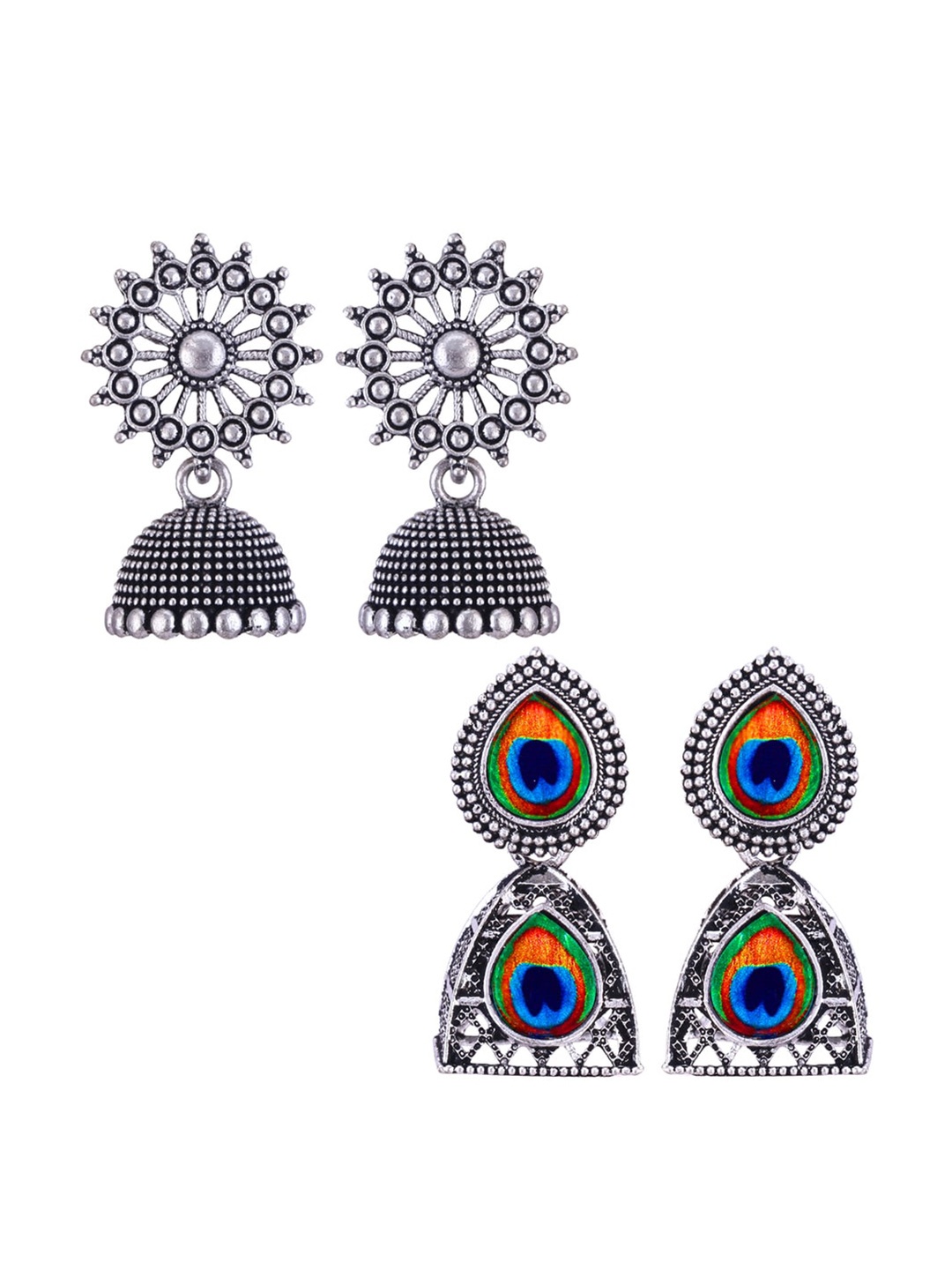 

MEENAZ Set Of 2 Silver-Plated Stainless Steel Studded & Beaded Peacock Shaped Jhumkas