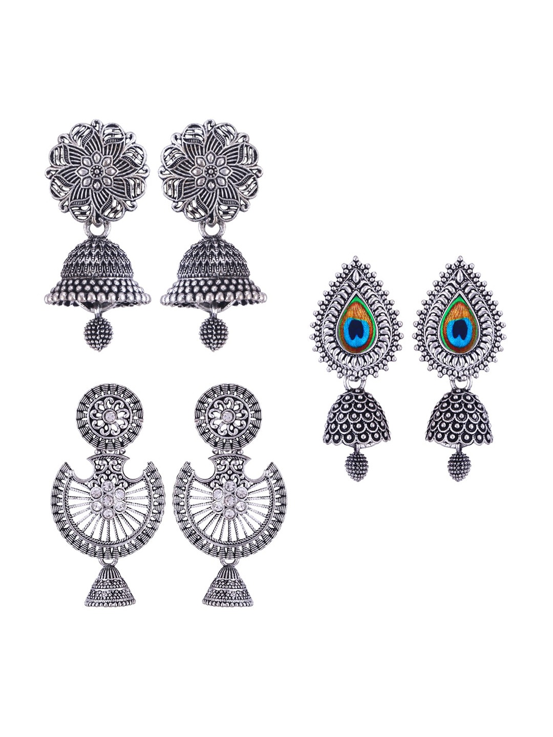 

MEENAZ Set Of 3 Silver-Plated Stainless Steel Studded & Beaded Peacock Shaped Jhumkas