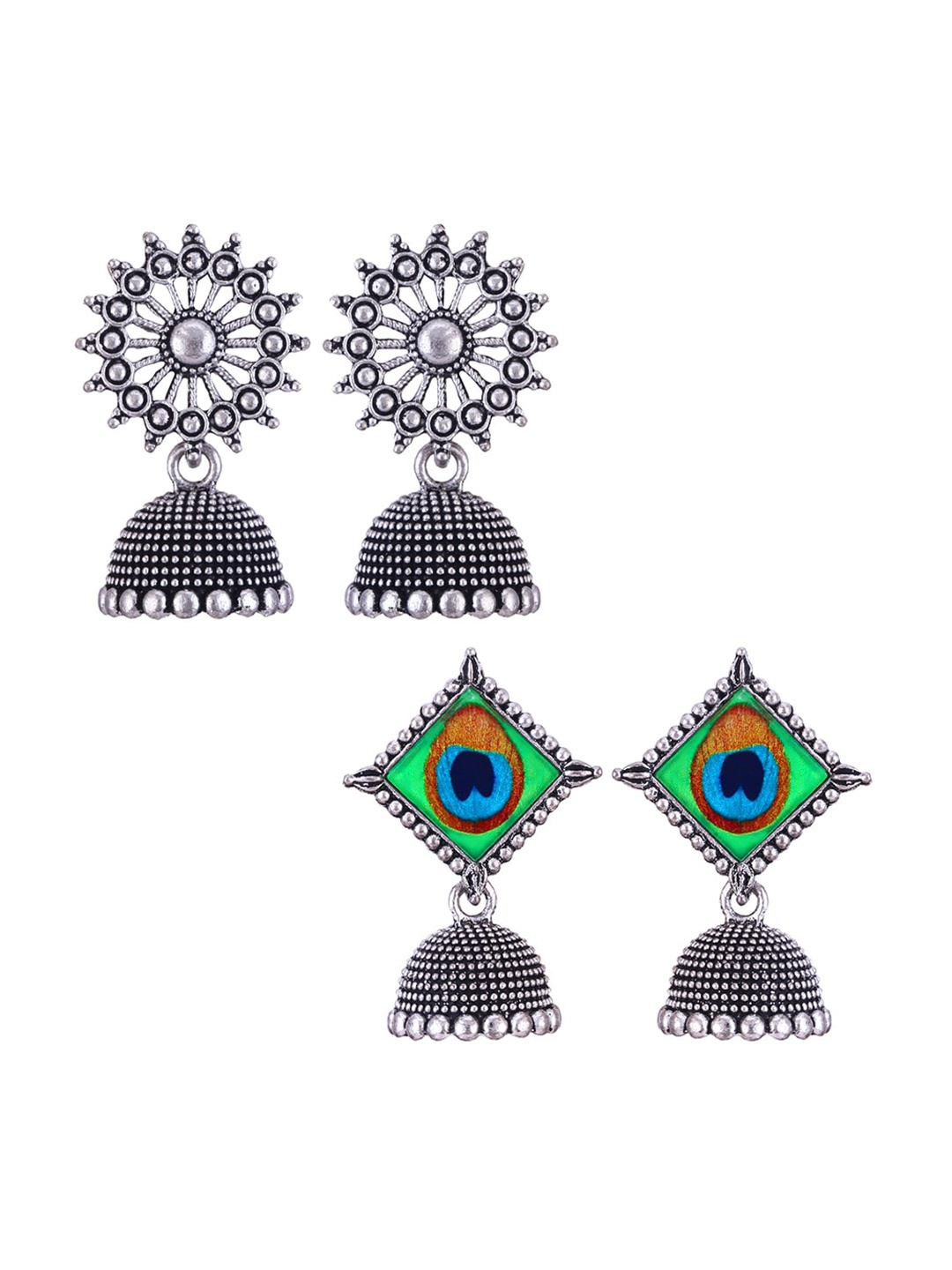 

MEENAZ Set Of 2 Silver-Plated Stainless Steel Studded & Beaded Peacock Shaped Jhumkas