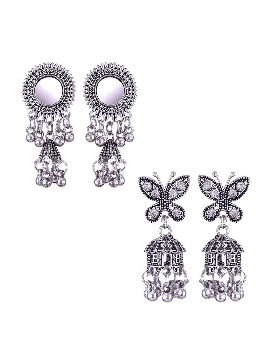 

MEENAZ Set Of 2 Silver-Plated Stainless Steel Studded & Beaded Classic Jhumkas