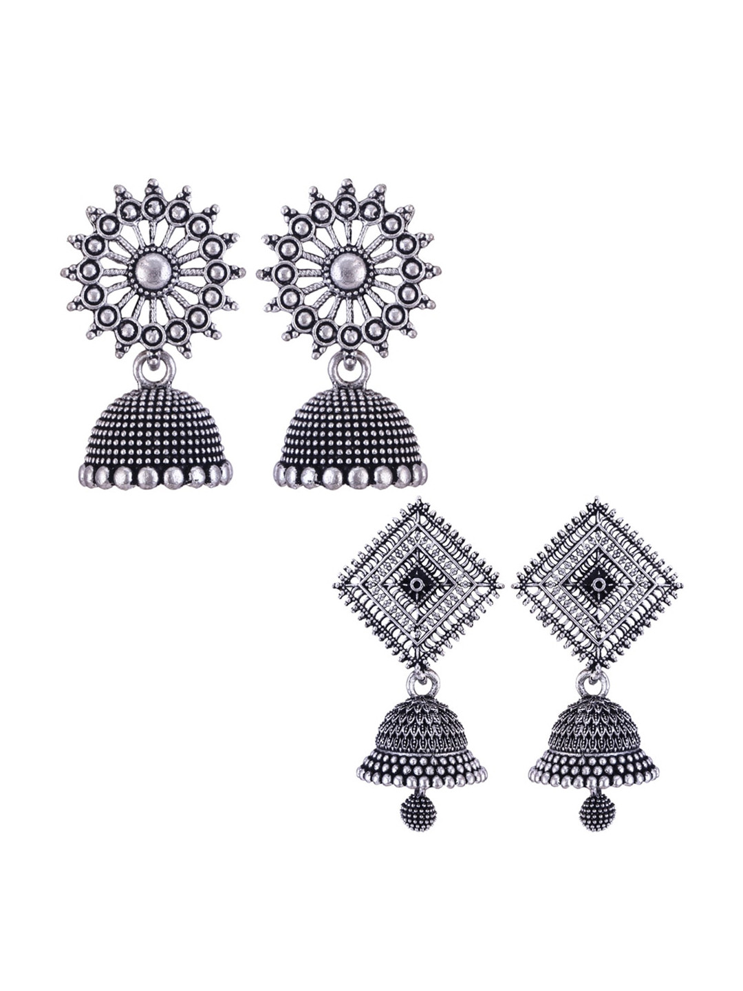 

MEENAZ Set Of 2 Silver-Plated Stainless Steel Studded & Beaded Classic Jhumkas
