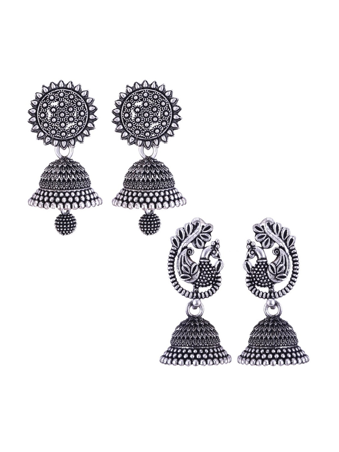 

MEENAZ Pack Of 2 Silver-Plated Dome Shaped Oxidised Jhumkas