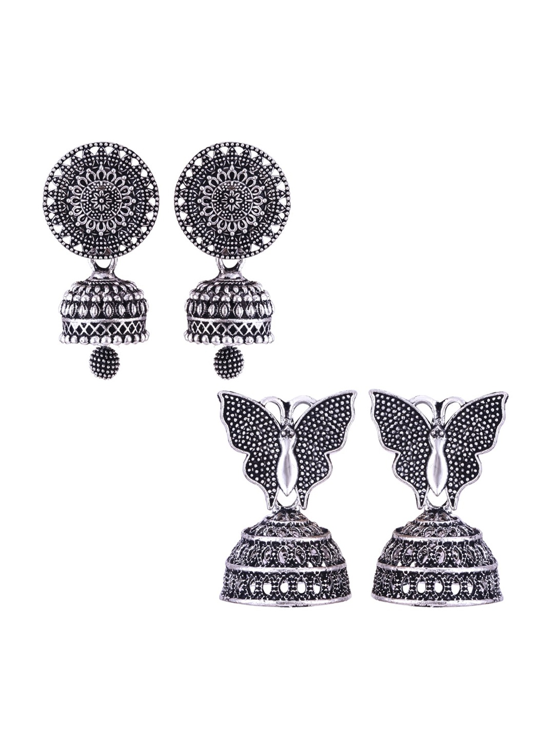 

MEENAZ Pack Of 2 Silver-Plated Dome Shaped Oxidised Jhumkas