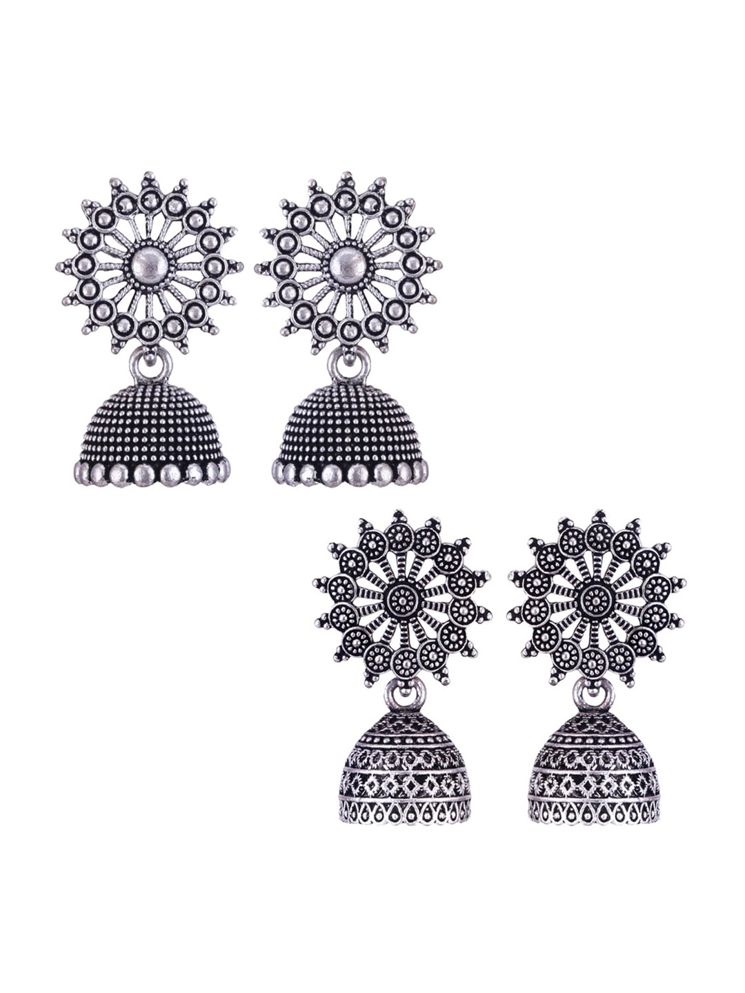 

MEENAZ Pack Of 2 Silver-Plated Dome Shaped Oxidised Jhumkas