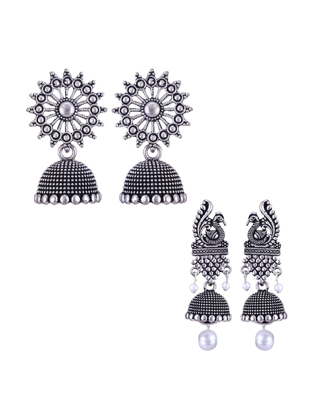 

MEENAZ Pack Of 2 Silver-Plated Dome Shaped Oxidised Jhumkas