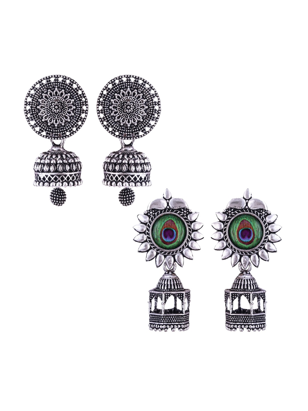 

MEENAZ Pack Of 2 Silver-Plated Dome Shaped Oxidised Jhumkas