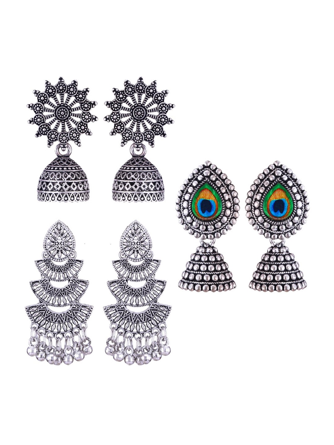 

MEENAZ Pack Of 3 Silver-Plated Dome Shaped Oxidised Jhumkas