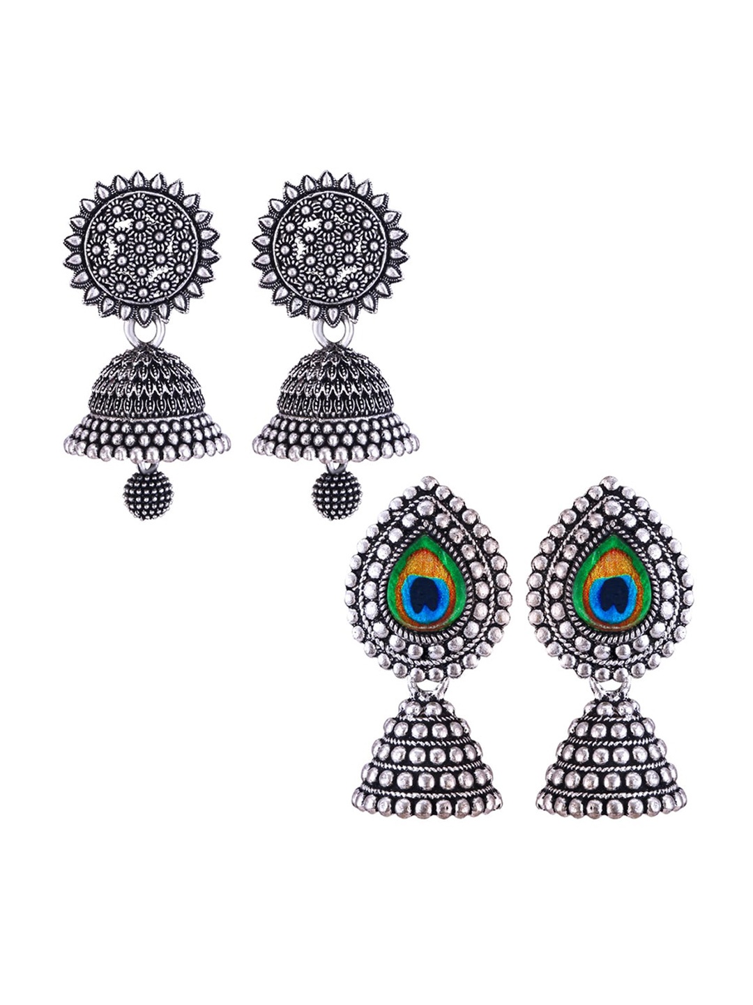 

MEENAZ Set Of 2 Silver-Plated Dome Shaped Jhumkas