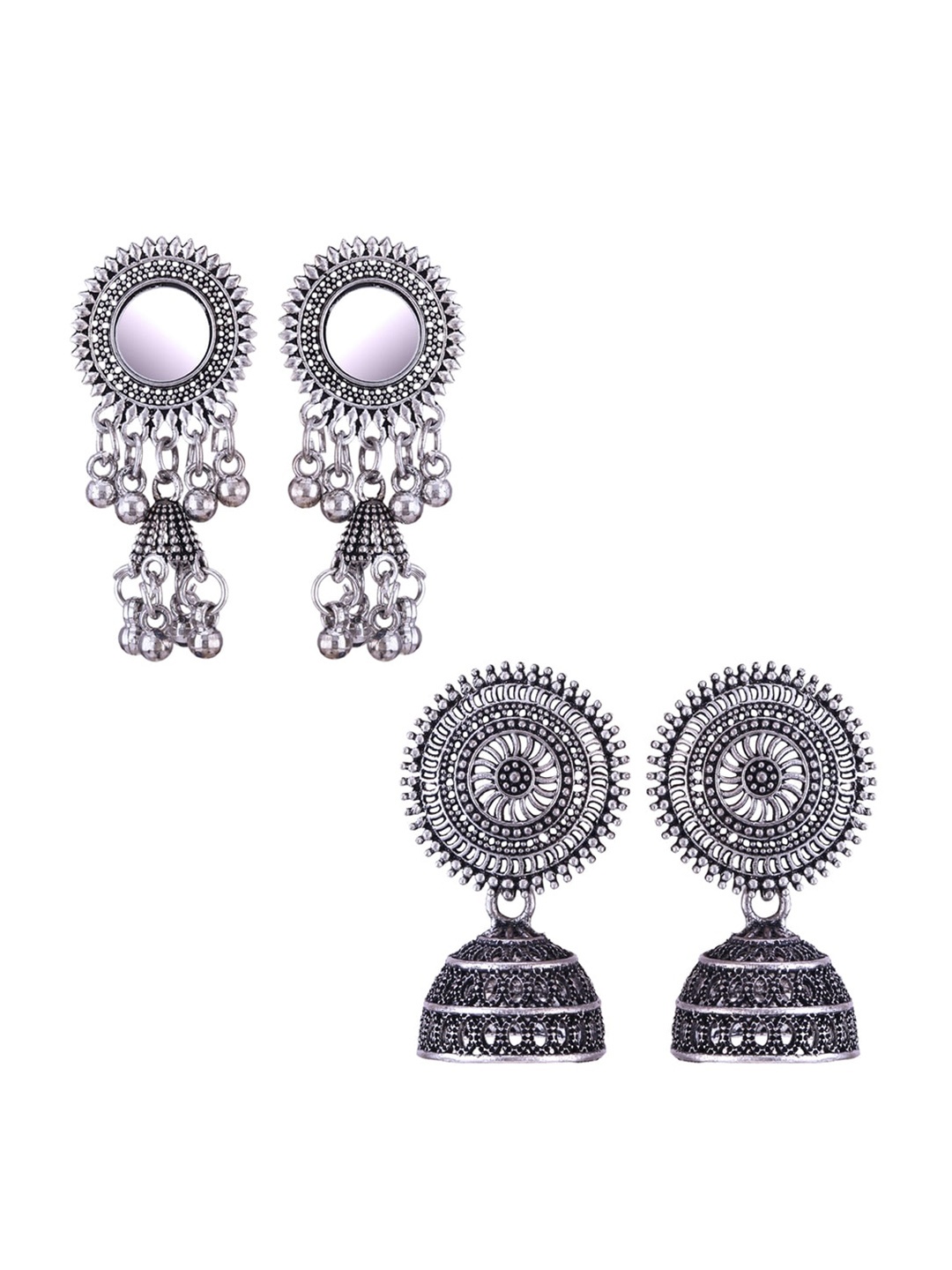 

MEENAZ Set Of 2 Silver-Plated Stone-Studded Dome Shaped Jhumkas