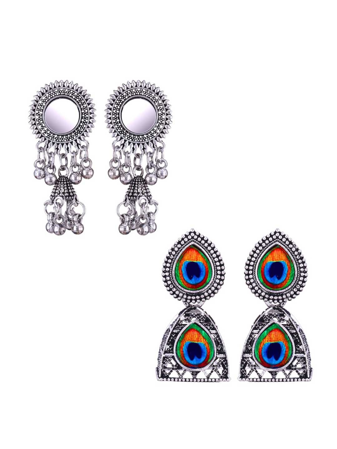 

MEENAZ Set Of 2 Silver-Plated Peacock Shaped Jhumkas