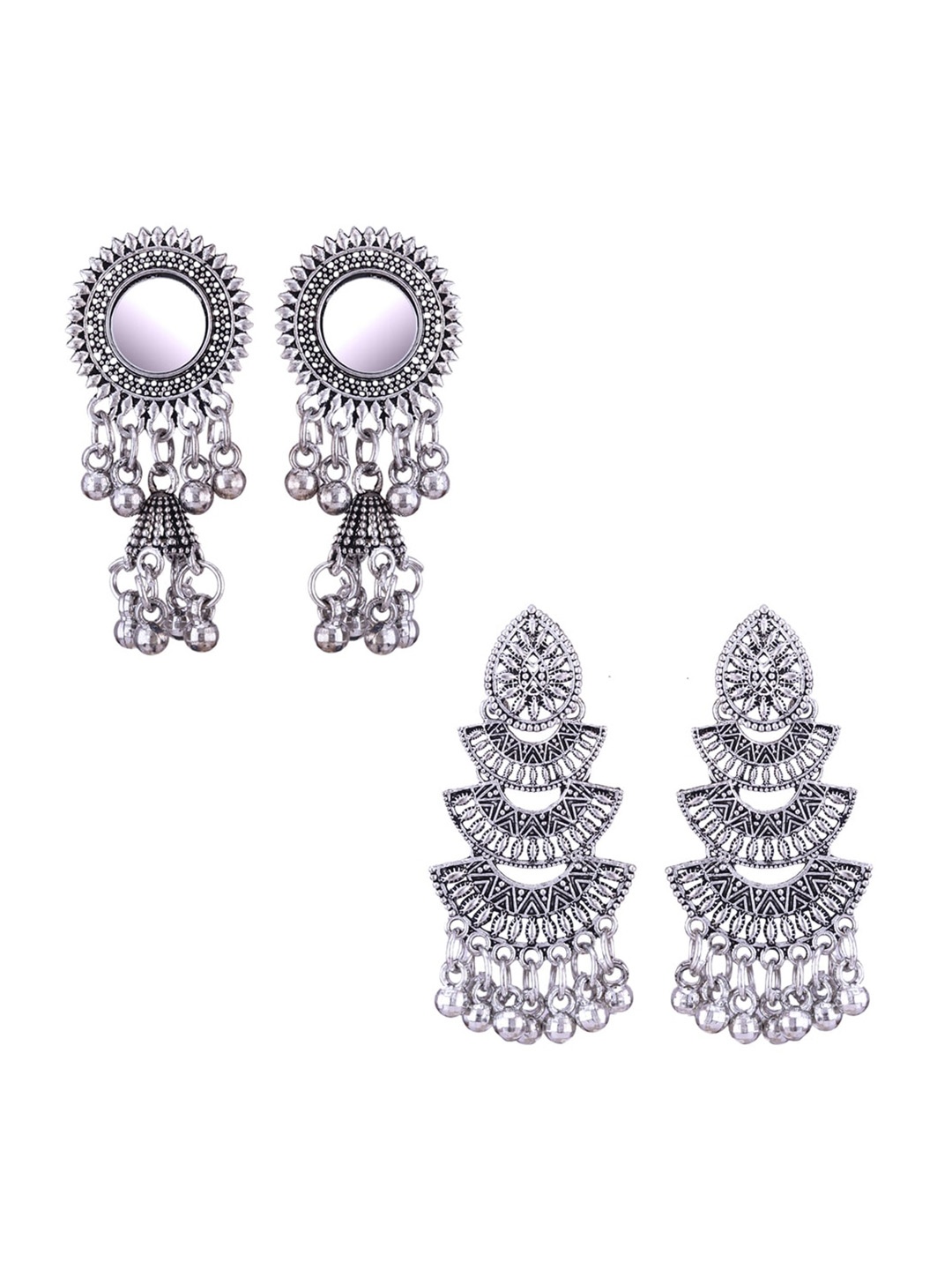 

MEENAZ Set Of 2 Silver-Plated Dome Shaped Oxidised Jhumkas