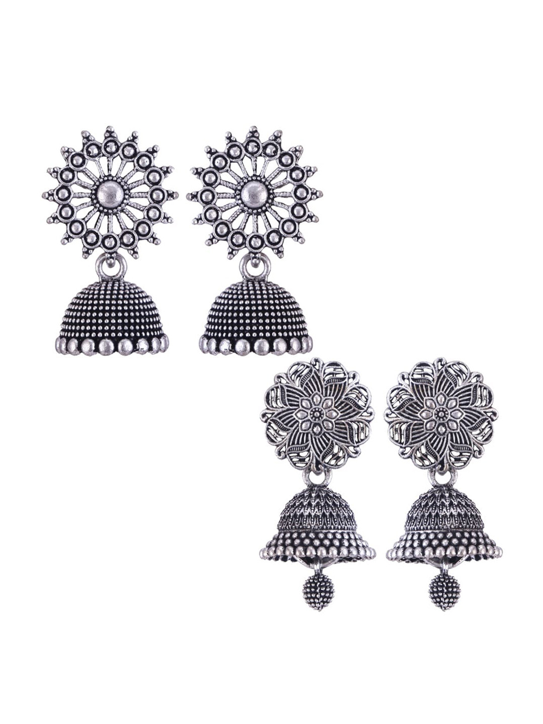 

MEENAZ Set Of 2 Silver-Plated Dome Shaped Oxidised Jhumkas