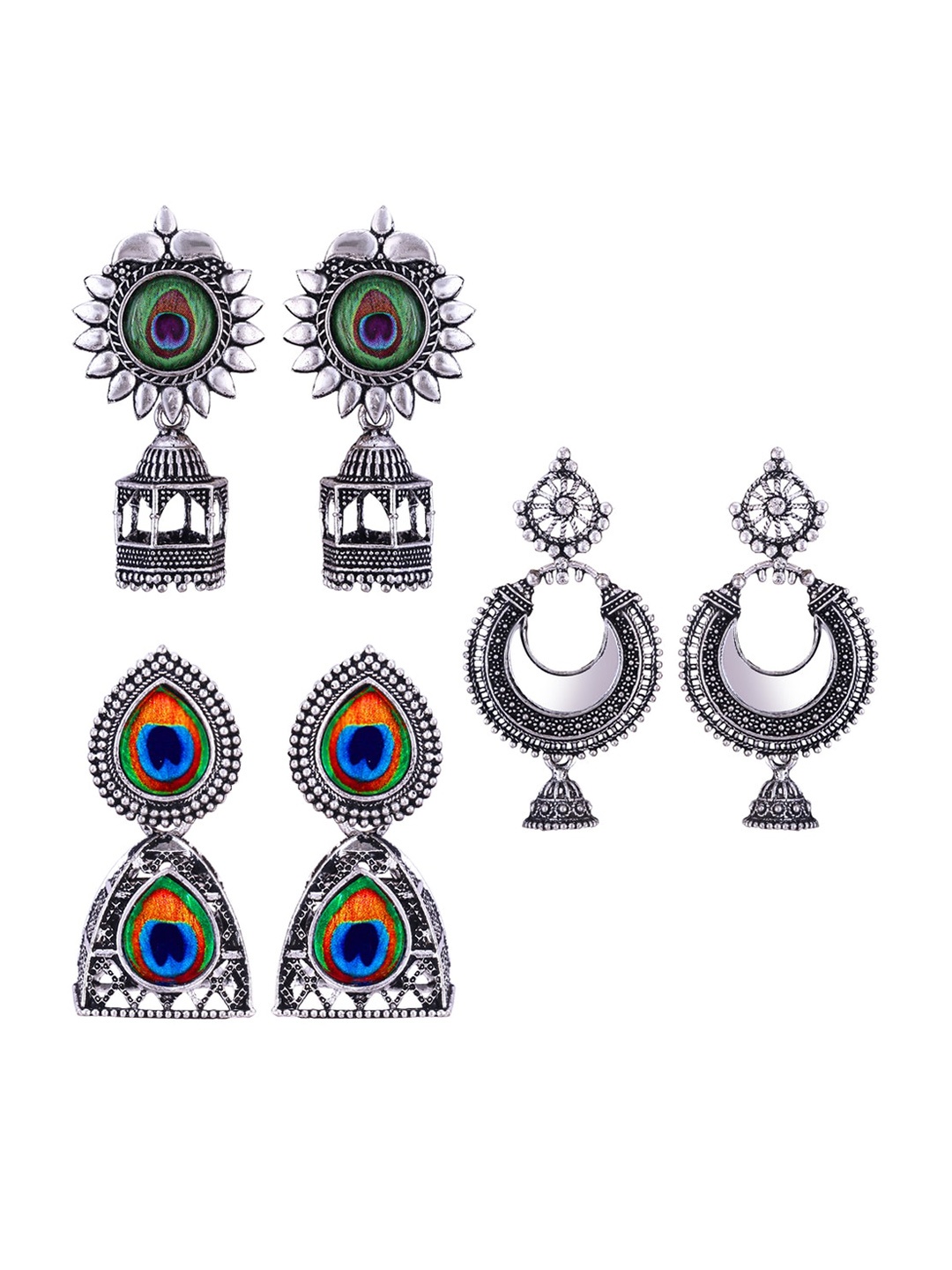 

MEENAZ Set Of 3 Silver Plated Dome Shaped Stainless Steel Oxidised Jhumkas