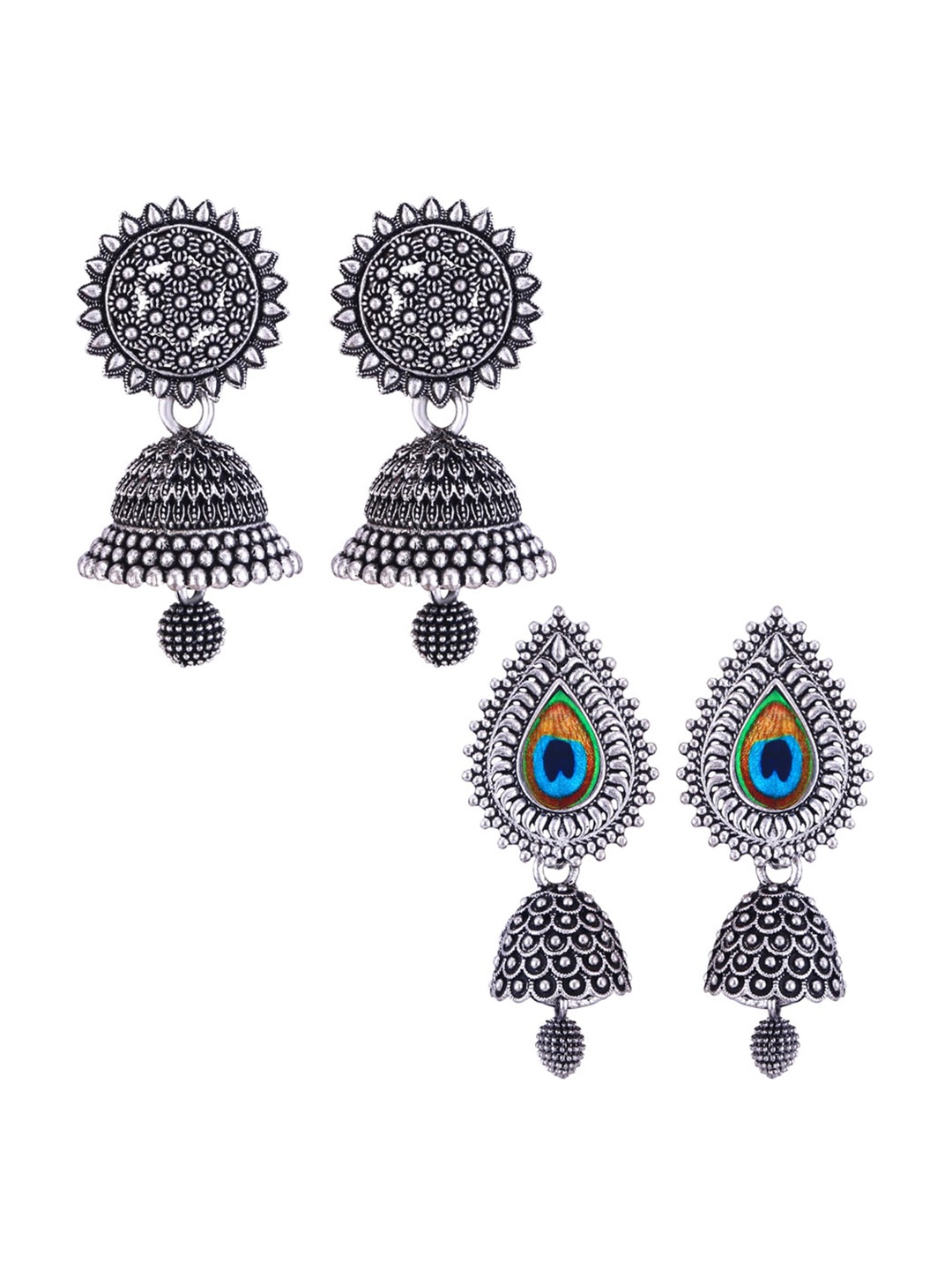 

MEENAZ Set Of 2 Silver Plated Dome Shaped Stainless Steel Oxidised Jhumkas