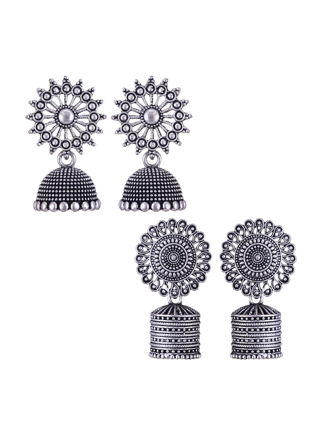 

MEENAZ Set Of 2 Silver-Plated Dome Shaped Oxidised Jhumkas