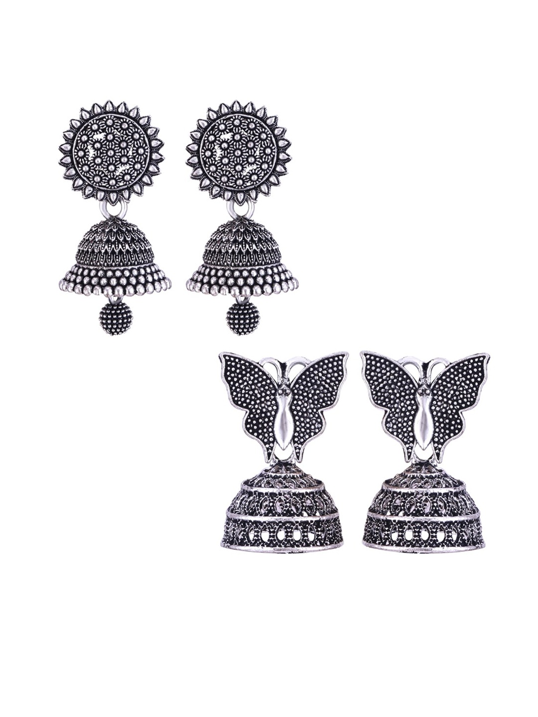 

MEENAZ Set Of 2 Silver-Plated Stainless Steel Oxidised Contemporary Jhumkas