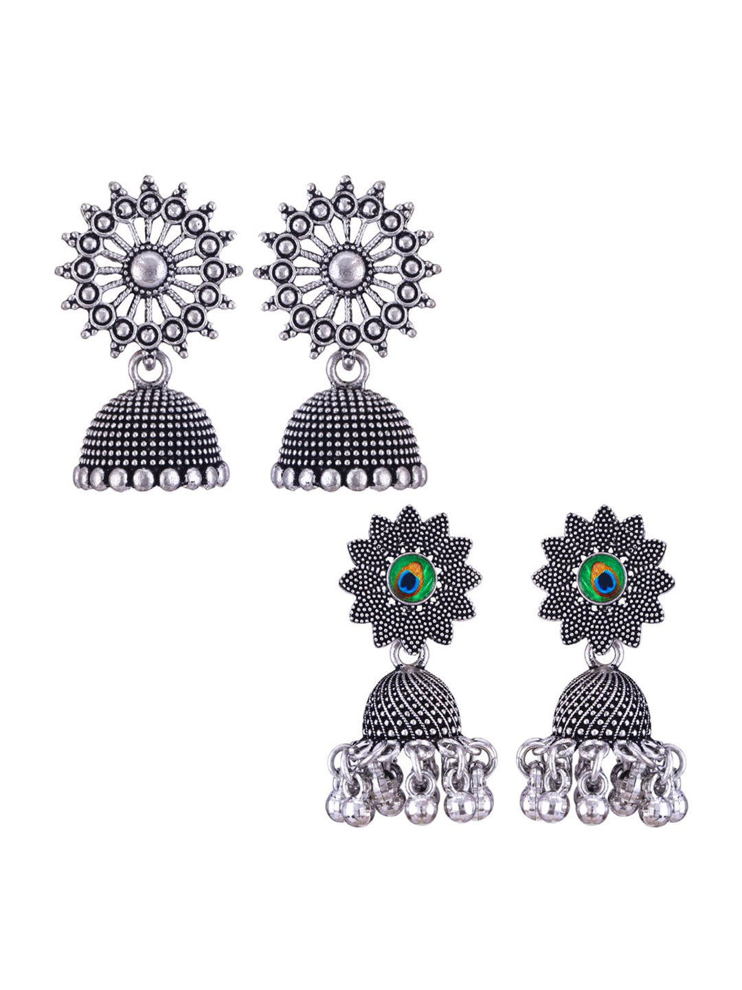 

MEENAZ Set Of 2 Silver-Plated Oxidised Jhumkas